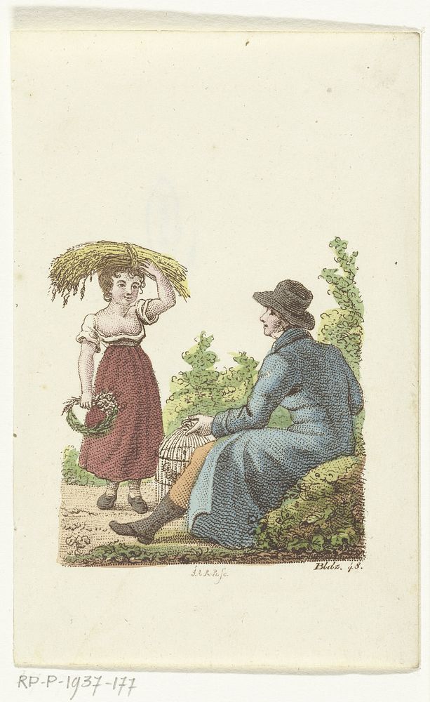 Maria draagt korenaren op hoofd en is in gesprek met man met vogelkooi (1807 - 1823) by Johannes Alexander Rudolf Best and…