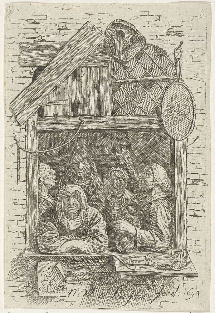 Vijf vrouwen in een venster (1694) by Nicolaes van Haeften