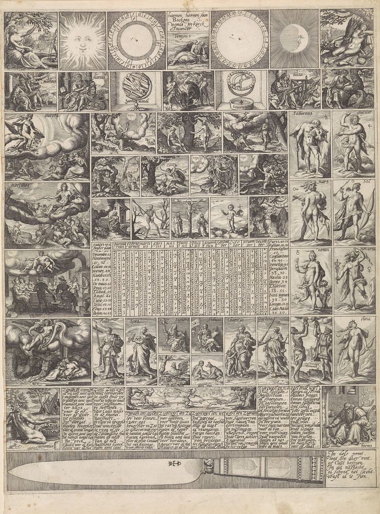 Eeuwigdurende kalender met randvignetten en mes (1607) by anonymous, Jacob Matham, Jan Harmensz Muller, Hendrick Goltzius…