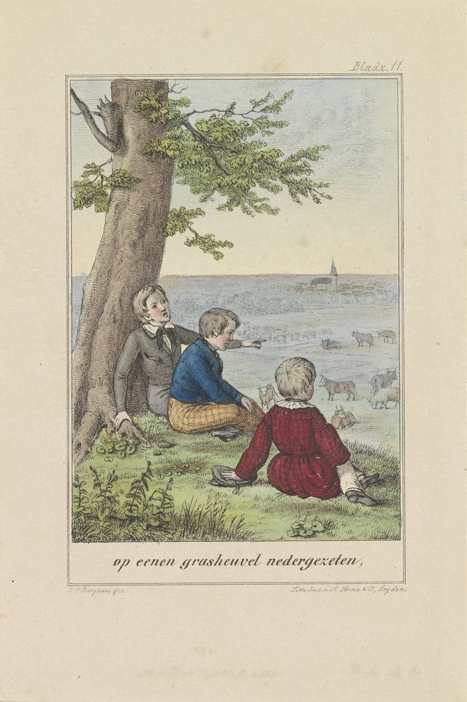 Drie kinderen op een heuvel (1820 - 1870) by Johann Peter Berghaus and August Arnz and Co