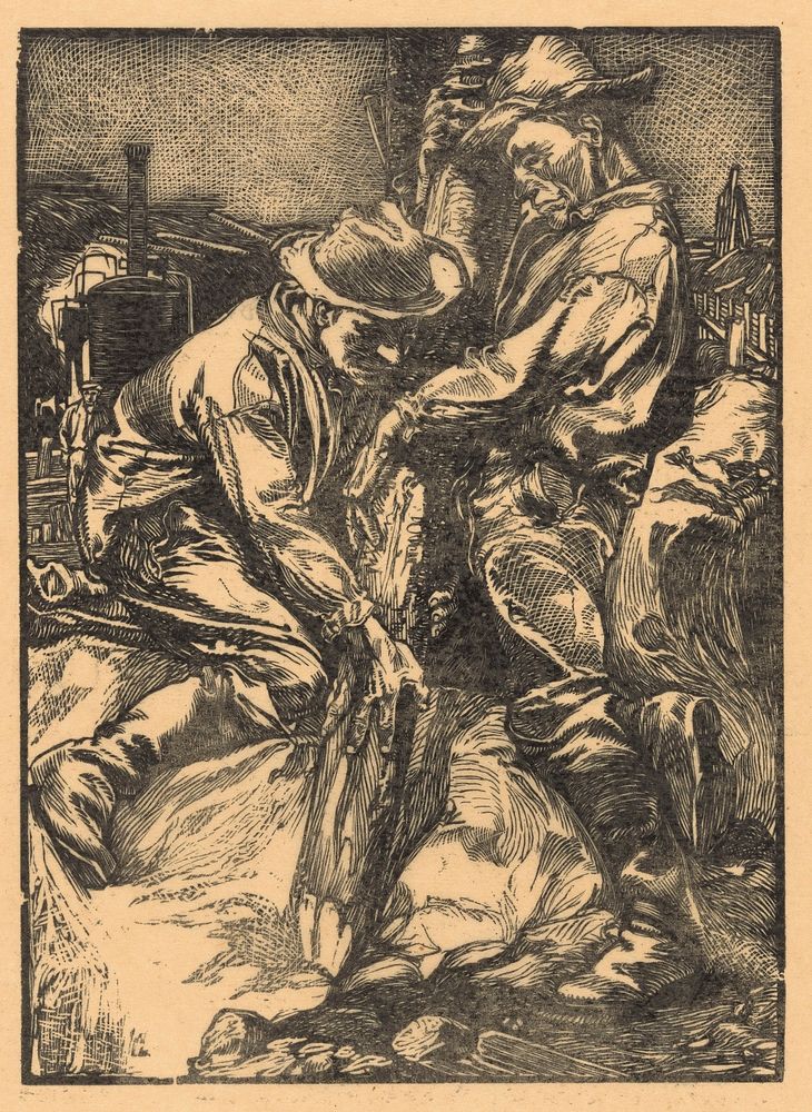 Bouwarbeiders bezig met heiwerk (1881 - 1934) by Johannes Josephus Aarts