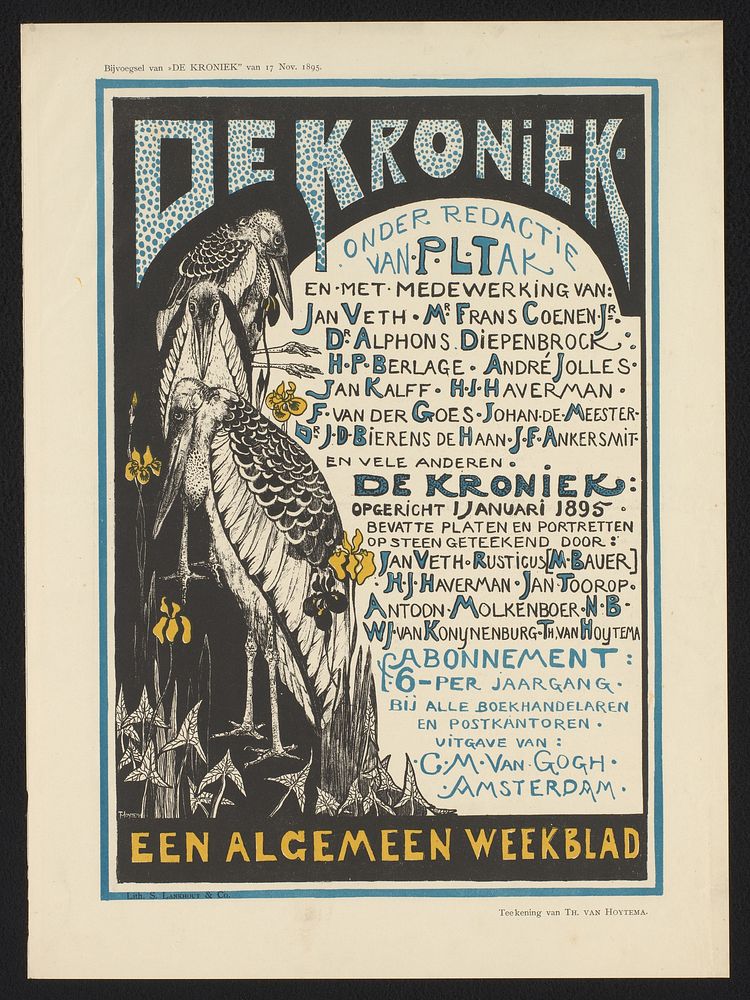 Affiche ter aankondiging van het tijdschrift 'De kroniek' (1895) by Theo van Hoytema, Samuel Lankhout and Cornelis Marinus…