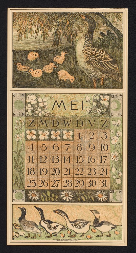Kalenderblad voor mei 1913 met een eend met kuikens (1912) by Theo van Hoytema, Theo van Hoytema and Tresling and Comp