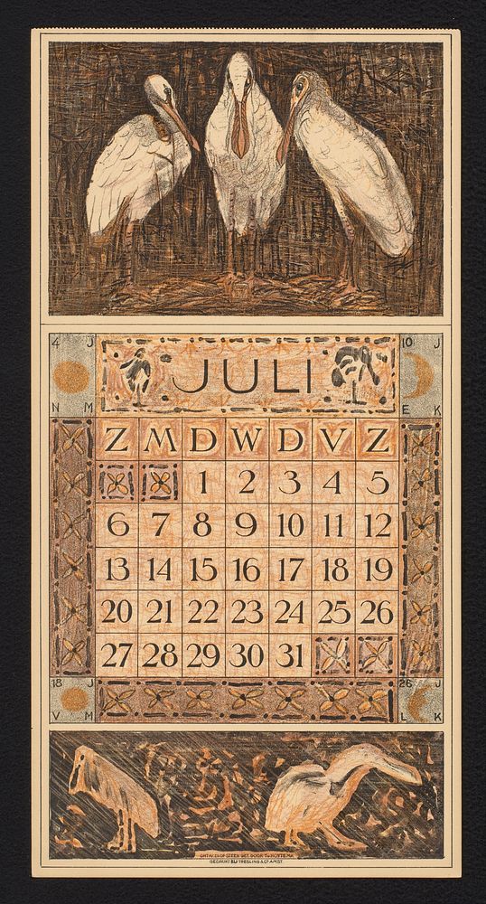 Kalenderblad voor juli 1913 met drie lepelaars (1912) by Theo van Hoytema, Theo van Hoytema and Tresling and Comp