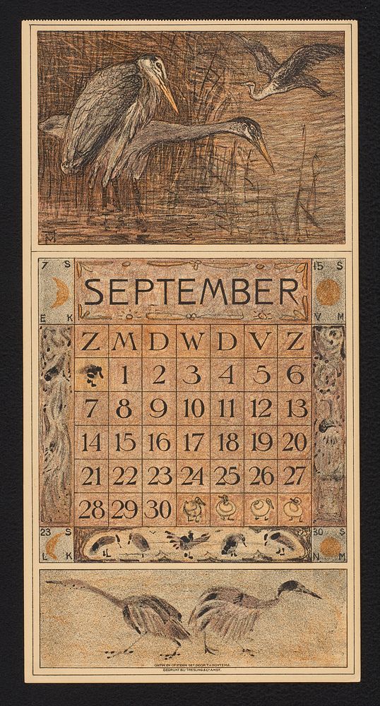 Kalenderblad voor september 1913 met reigers in het riet (1912) by Theo van Hoytema, Theo van Hoytema and Tresling and Comp