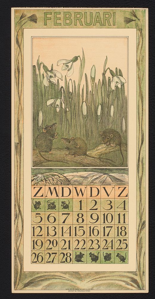 Kalenderblad voor februari 1911 met muizen en sneeuwklokjes (1910) by Theo van Hoytema, Theo van Hoytema and Tresling and…