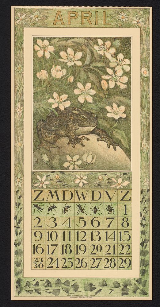 Kalenderblad voor april 1911 met een pad onder bloesem (1910) by Theo van Hoytema, Theo van Hoytema and Tresling and Comp