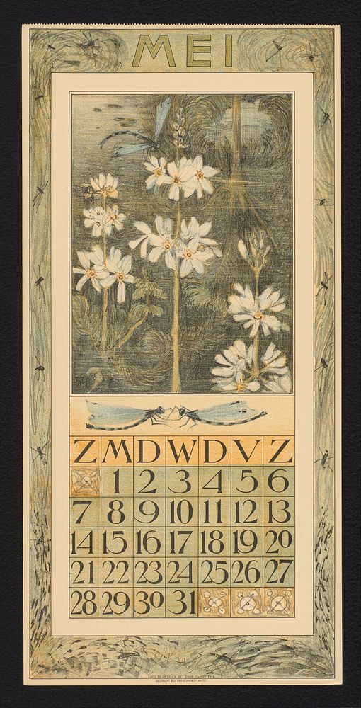 Kalenderblad voor mei 1911 met libellen en waterplanten (1910) by Theo van Hoytema, Theo van Hoytema and Tresling and Comp