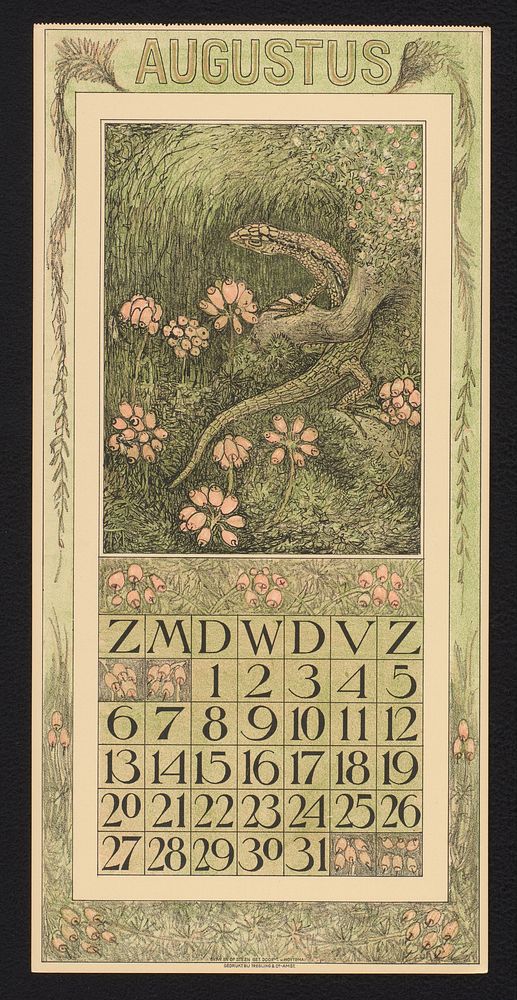 Kalenderblad voor augustus 1911 met een hagedis en dopheide (1910) by Theo van Hoytema, Theo van Hoytema and Tresling and…