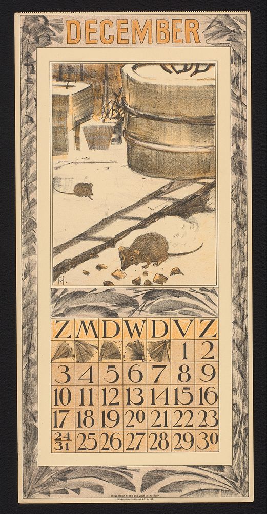 Kalenderblad voor december 1911 met muizen in een sneeuwlandschap (1910) by Theo van Hoytema, Theo van Hoytema and Tresling…