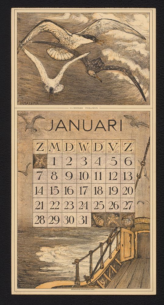 Kalenderblad voor januari 1912 met drie meeuwen boven zee (1911) by Theo van Hoytema, Theo van Hoytema and Tresling and Comp