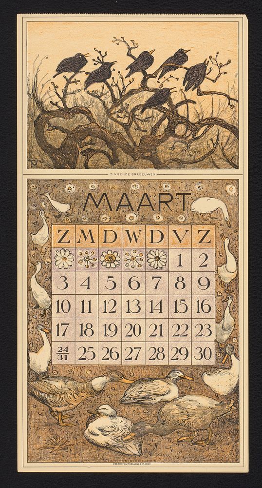 Kalenderblad voor maart 1912 met spreeuwen in een boom (1911) by Theo van Hoytema, Theo van Hoytema and Tresling and Comp