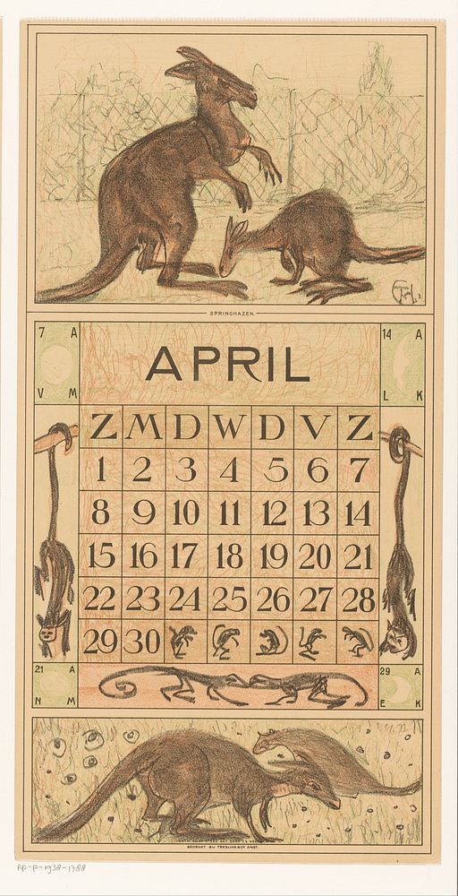 Kalender april met kangaroos (1916) by Theo van Hoytema, Tresling and Comp and Firma Ferwerda en Tieman