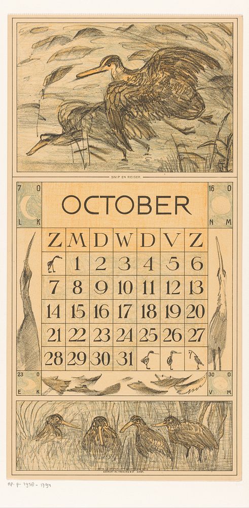Kalenderblad oktober met snip en reiger (1916) by Theo van Hoytema, Tresling and Comp and Firma Ferwerda en Tieman
