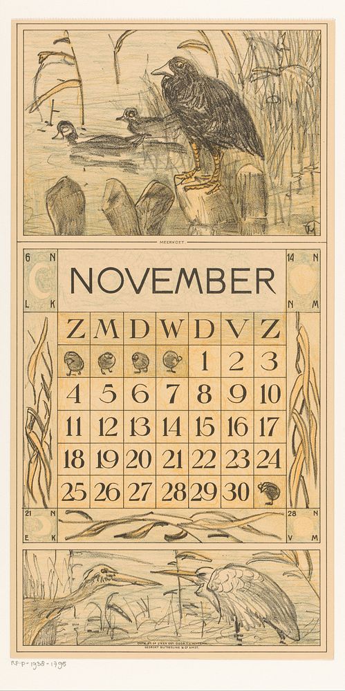 Kalenderblad november met meerkoet op een paal (1916) by Theo van Hoytema, Tresling and Comp and Firma Ferwerda en Tieman