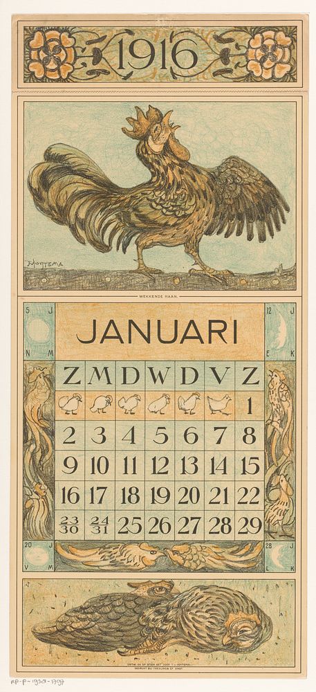 Kalenderblad januari met kraaiende haan (1915) by Theo van Hoytema, Tresling and Comp and Firma Ferwerda en Tieman
