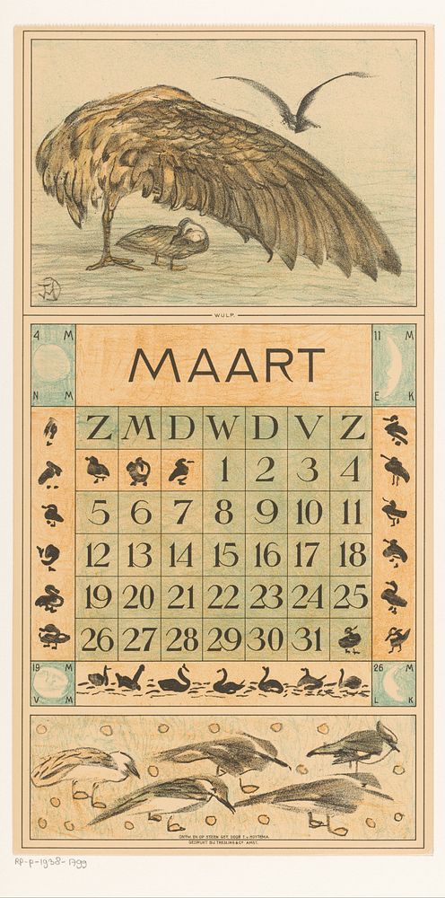 Kalenderblad maart met wulp (1915) by Theo van Hoytema, Tresling and Comp and Firma Ferwerda en Tieman