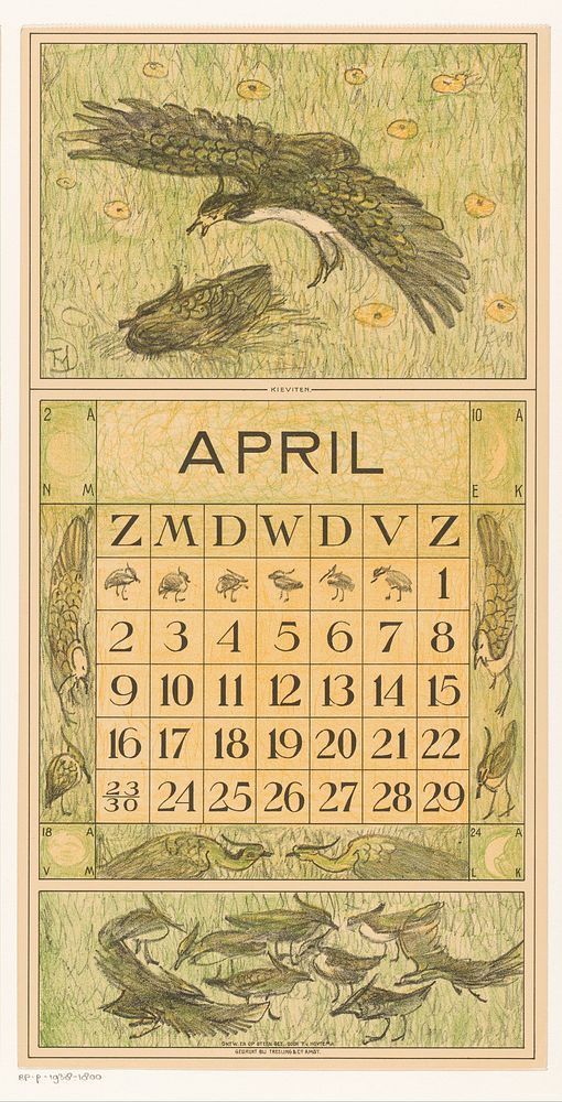 Kalenderblad april met twee kieviten (1915) by Theo van Hoytema, Tresling and Comp and Firma Ferwerda en Tieman