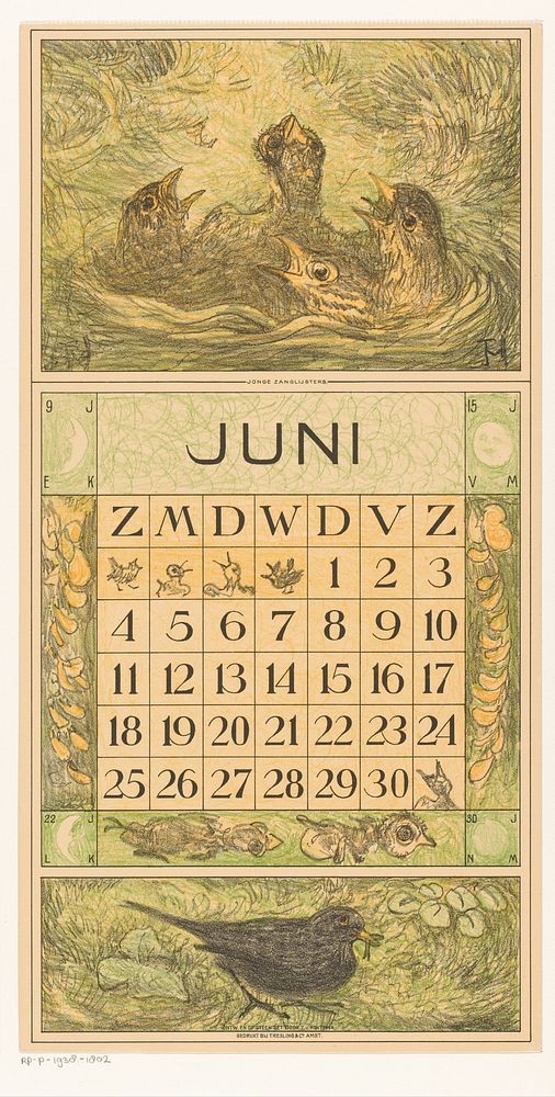 Kalenderblad juni met jonge vogels in een nest (1915) by Theo van Hoytema, Tresling and Comp and Firma Ferwerda en Tieman