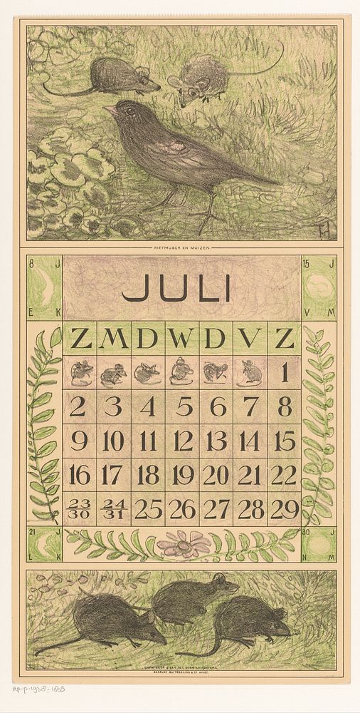 Kalenderblad juli met vogel en muizen (1915) by Theo van Hoytema, Tresling and Comp and Firma Ferwerda en Tieman