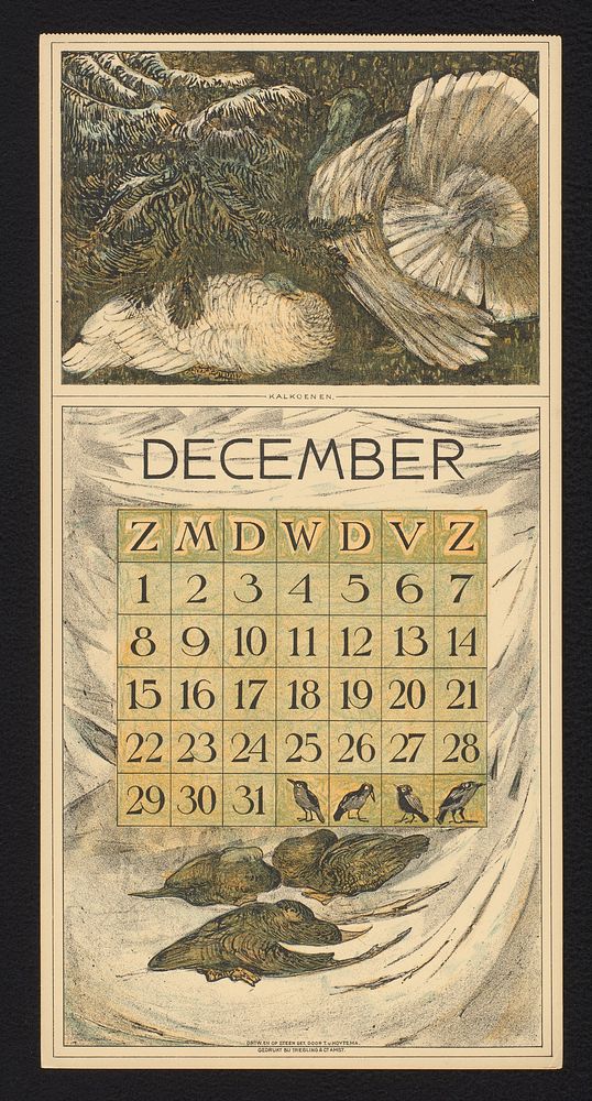 Kalenderblad voor december 1912 met twee witte kalkoenen (1911) by Theo van Hoytema, Theo van Hoytema and Tresling and Comp