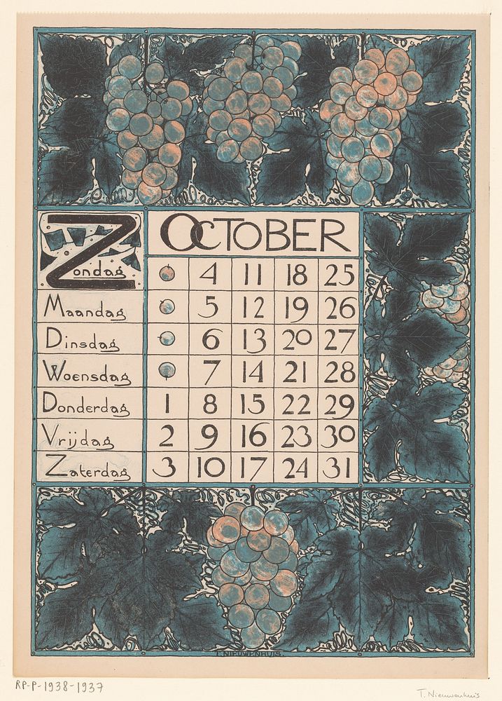 Kalenderblad voor oktober 1896 (1895) by Theo Nieuwenhuis and Scheltema and Holkema s Boekhandel