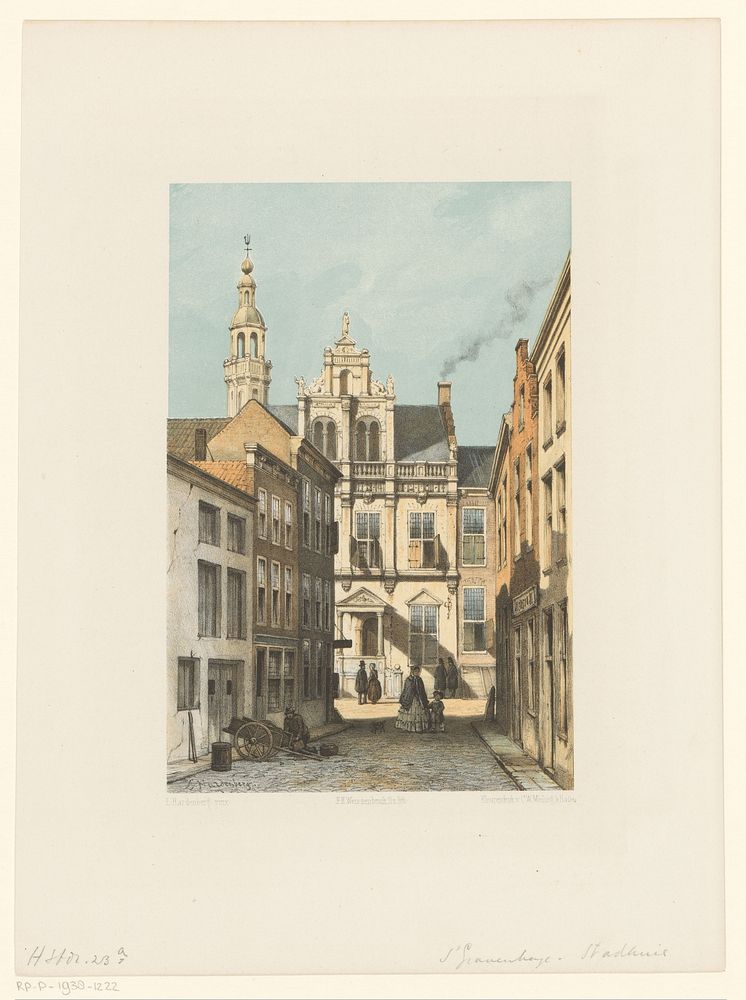 Gezicht op het stadhuis van Den Haag (1847 - 1865) by Frederik Hendrik Weissenbruch, Lambertus Hardenberg 1744 and…