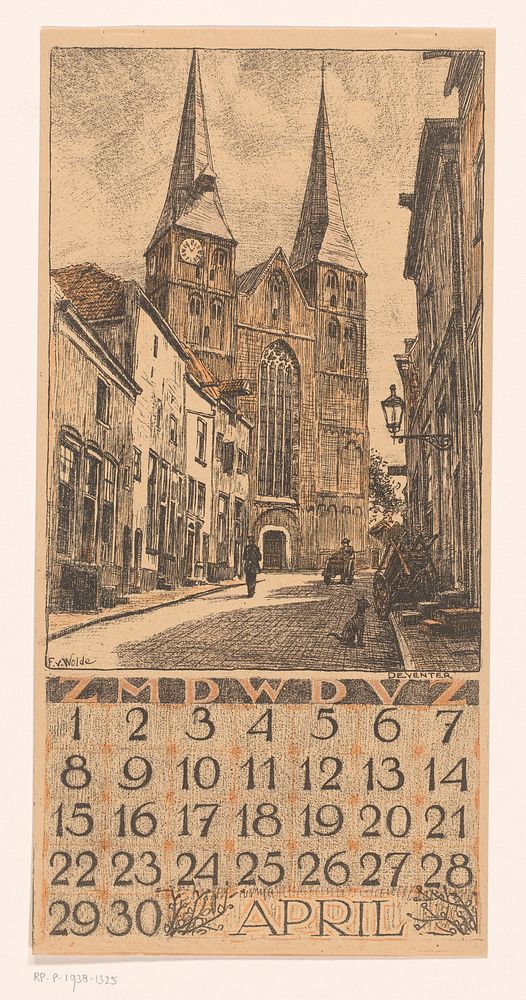 Kalenderblad april met stadsgezicht in Deventer (1923) by Ferdinand van Wolde