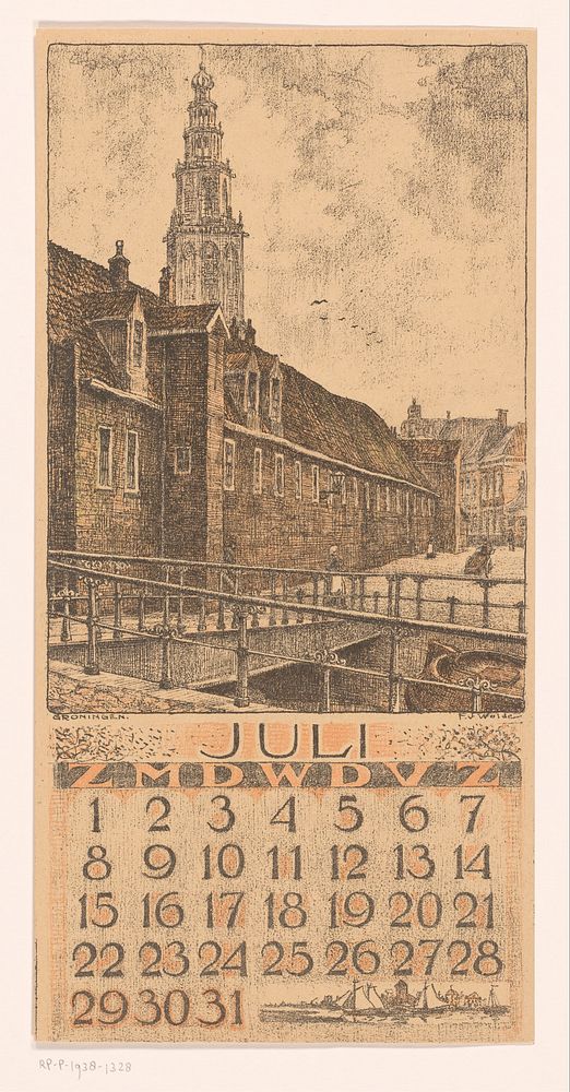 Kalenderblad juli met stadsgezicht in Groningen (1923) by Ferdinand van Wolde