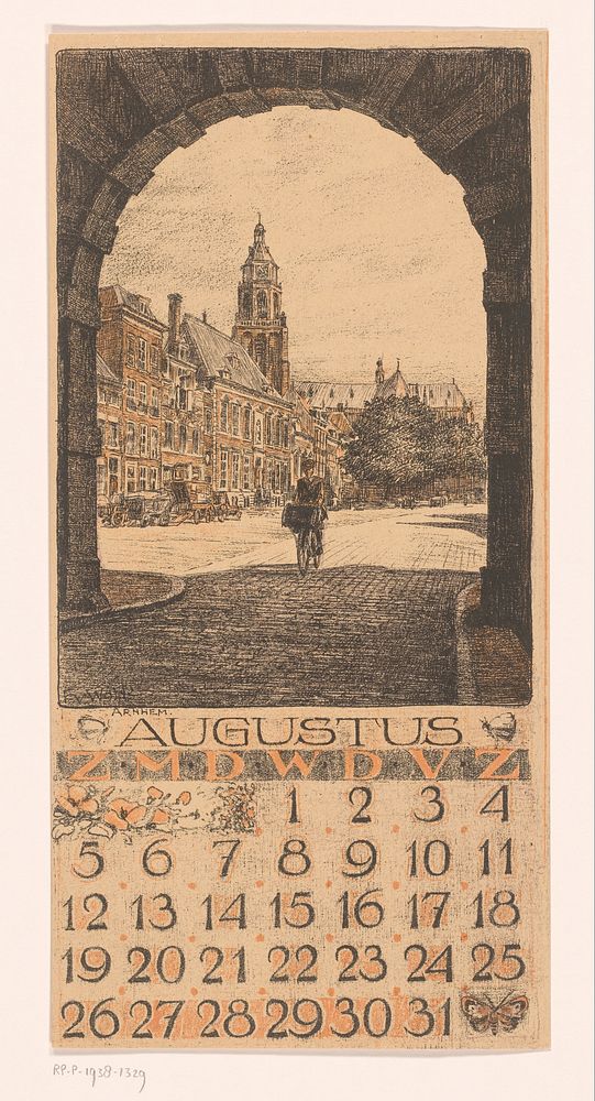 Kalenderblad augustus met stadsgezicht in Arnhem (1923) by Ferdinand van Wolde