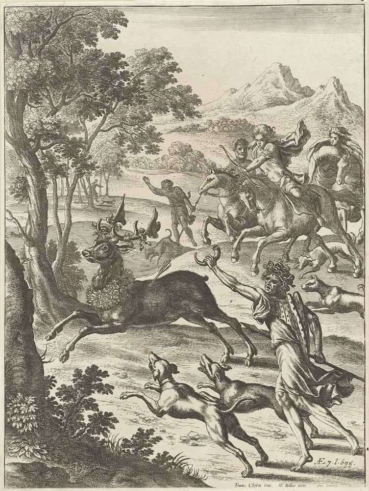 Ascanius jaagt op het hert van Tyrrheus (1654) by Wenceslaus Hollar and Franz Cleyn