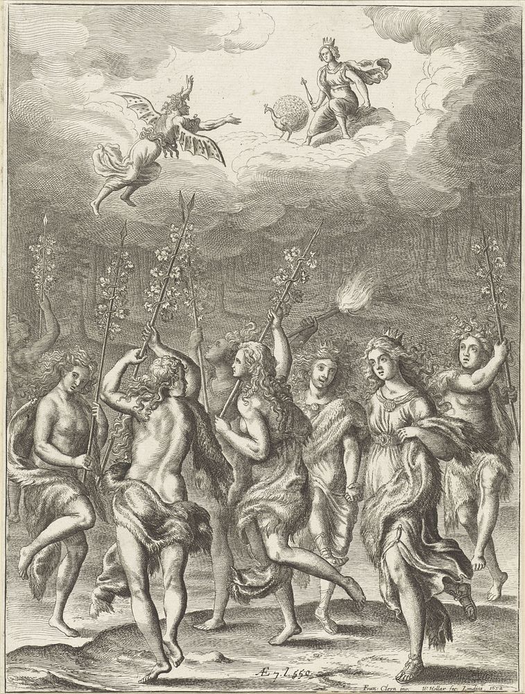 Koningin Amata en haar dochter Lavinia dansend met de bacchanten (1654) by Wenceslaus Hollar and Franz Cleyn