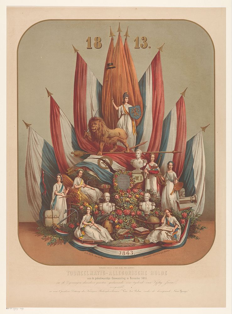 Allegorische voorstelling ter herinnering aan de gedenkwaardige omwenteling in November 1813 (1863) by Christianus Hendricus…