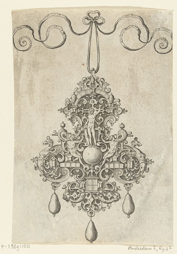 Voorzijde van hanger met naakte godheid met schild, zittend op een bol (1581) by anonymous, Hans Collaert I and Philips Galle