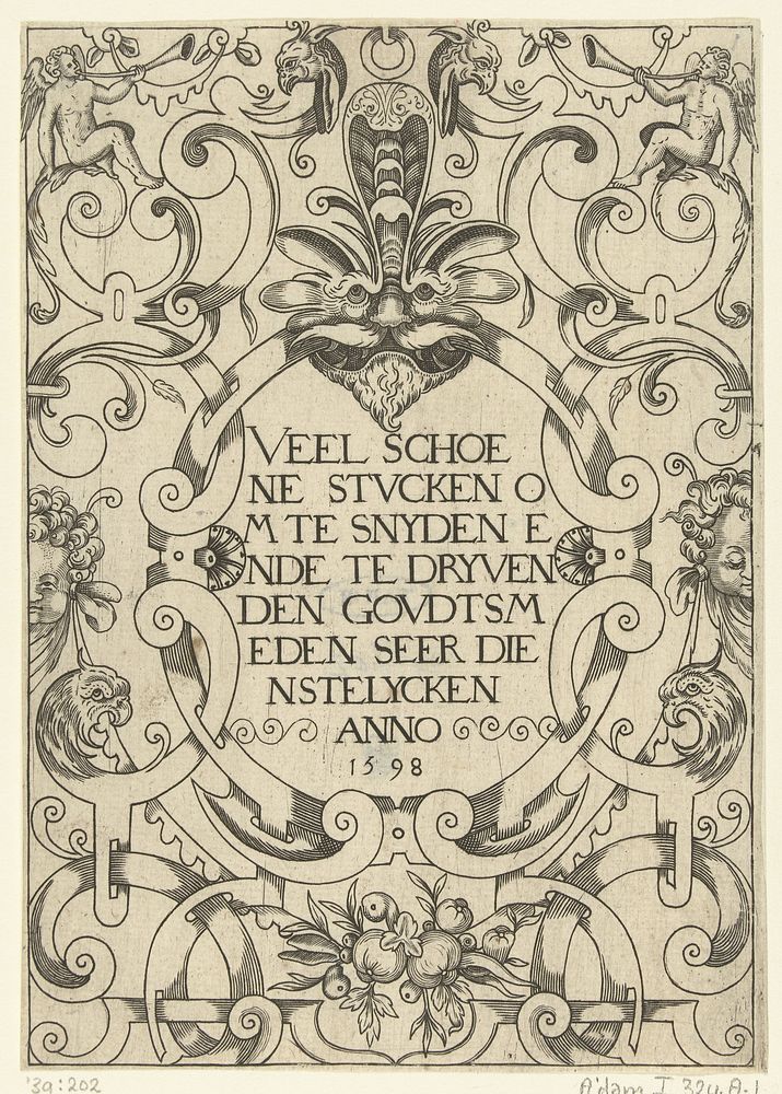 Titelblad. Ovaal met de titel, omgeven door krulwerk (c. 1500 - 1598) by anonymous, Paul Flindt de Jonge and Assuerus van…