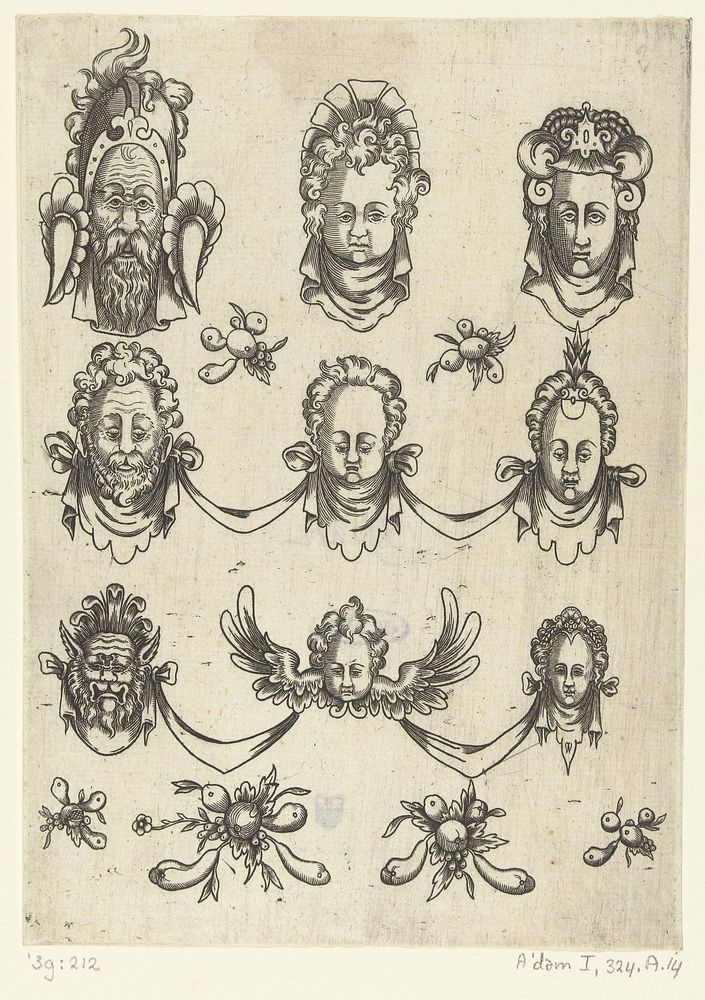 Negen maskers en zes kleine trosjes vruchten (c. 1500 - 1598) by anonymous, Paul Flindt de Jonge and Assuerus van Londerseel