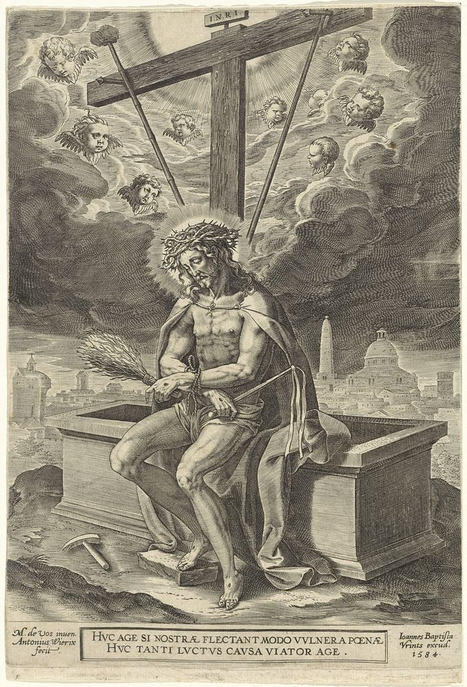 Christus als man van smarten, bij zijn graf (1584) by Antonie Wierix II, Maerten de Vos and Johannes Baptista Vrints I