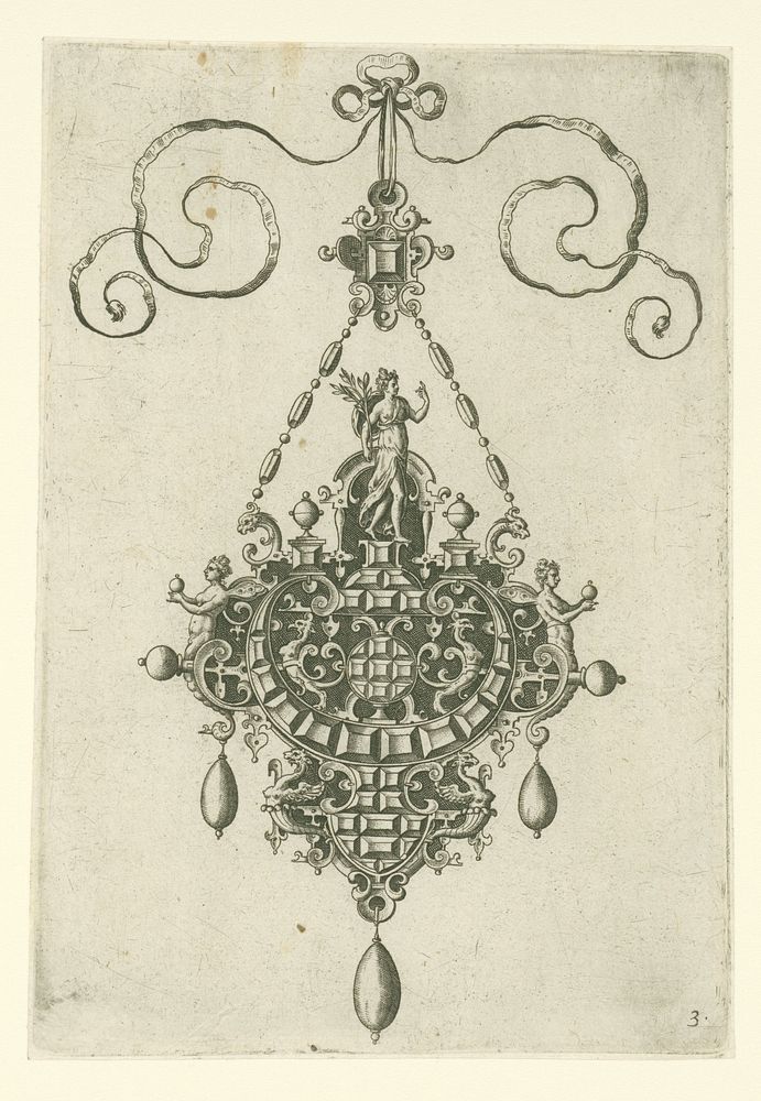 Hanger waarop een godin met lauriertak (1581) by Hans Collaert I, Hans Collaert I and Philips Galle