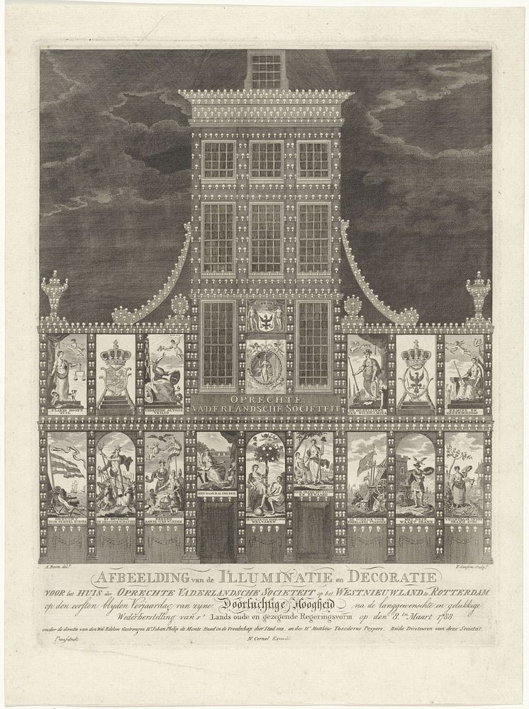 Illuminatie van het pand van de Oprechte Vaderlandsche Sociëteit op het Westnieuwland te Rotterdam, 1788 (1788) by…