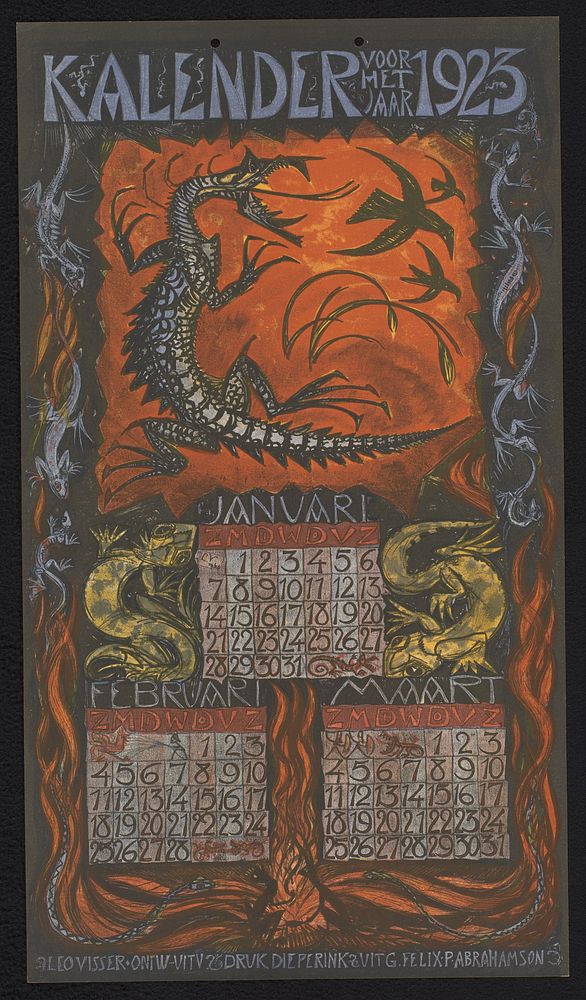 Kalenderblad voor januari tot en met maart 1923 (1922) by Leo Visser, Leo Visser, Dieperink and Co and Felix Pinechas…