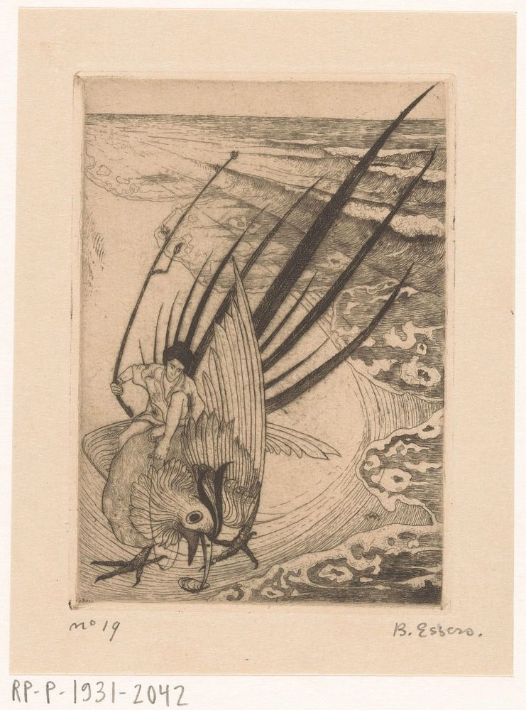 Figuur zittend op een fazant op het strand (1915) by Bernard Essers