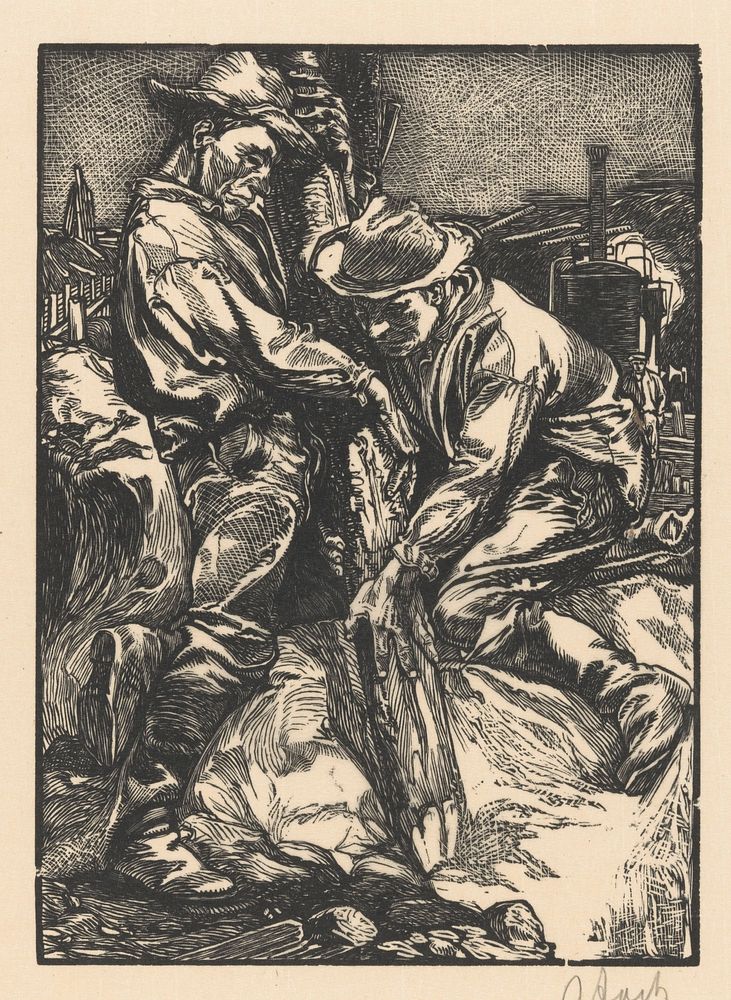 Bouwarbeiders bezig met heiwerk (1881 - 1931) by Johannes Josephus Aarts