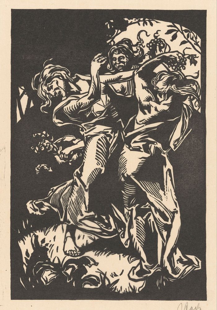 Dansende vrouwen met druiventrossen en sater (1881 - 1931) by Johannes Josephus Aarts