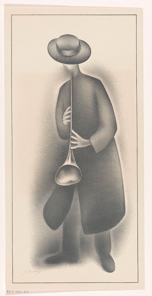Straatmuzikant met blaasinstrument (1900 - 1931) by Jacob Bendien
