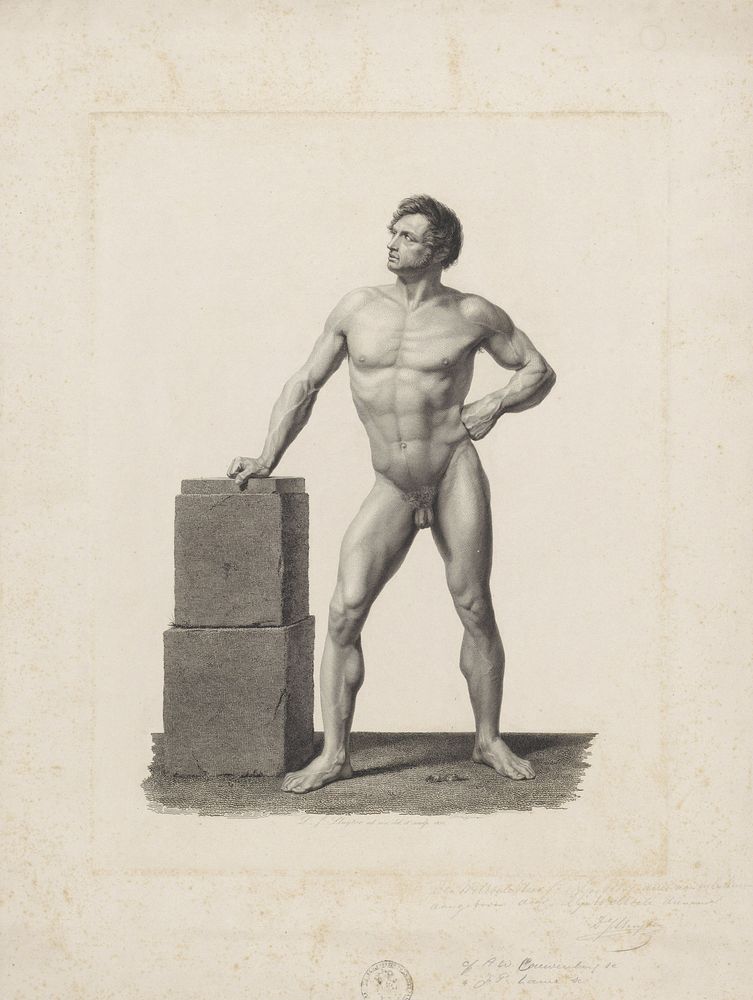 Staand mannelijk naakt bij stenen blok (1836) by Dirk Jurriaan Sluyter, Dirk Jurriaan Sluyter, Cornelis Apostool and Dirk…