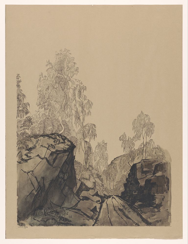 Landschap met bomen en rotsen (1933) by anonymous and Wilhelmina koningin der Nederlanden