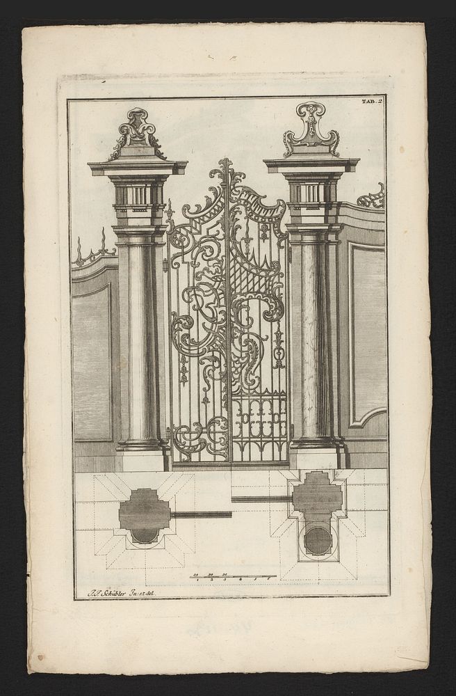 Tuinportaal met hekwerk en zuilen (1699 - 1726) by anonymous, Johann Jakob Schübler and Johann Christoph Weigel
