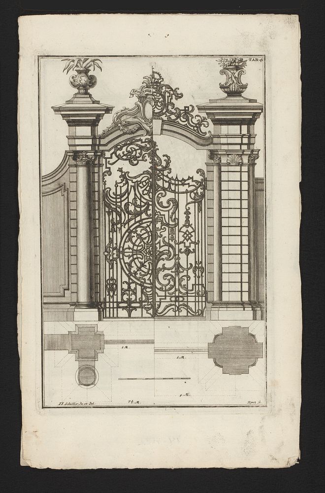 Tuinportaal met hekwerk en vazen (1711 - 1726) by Michael Heinrich Rentz, Johann Jakob Schübler and Johann Christoph Weigel