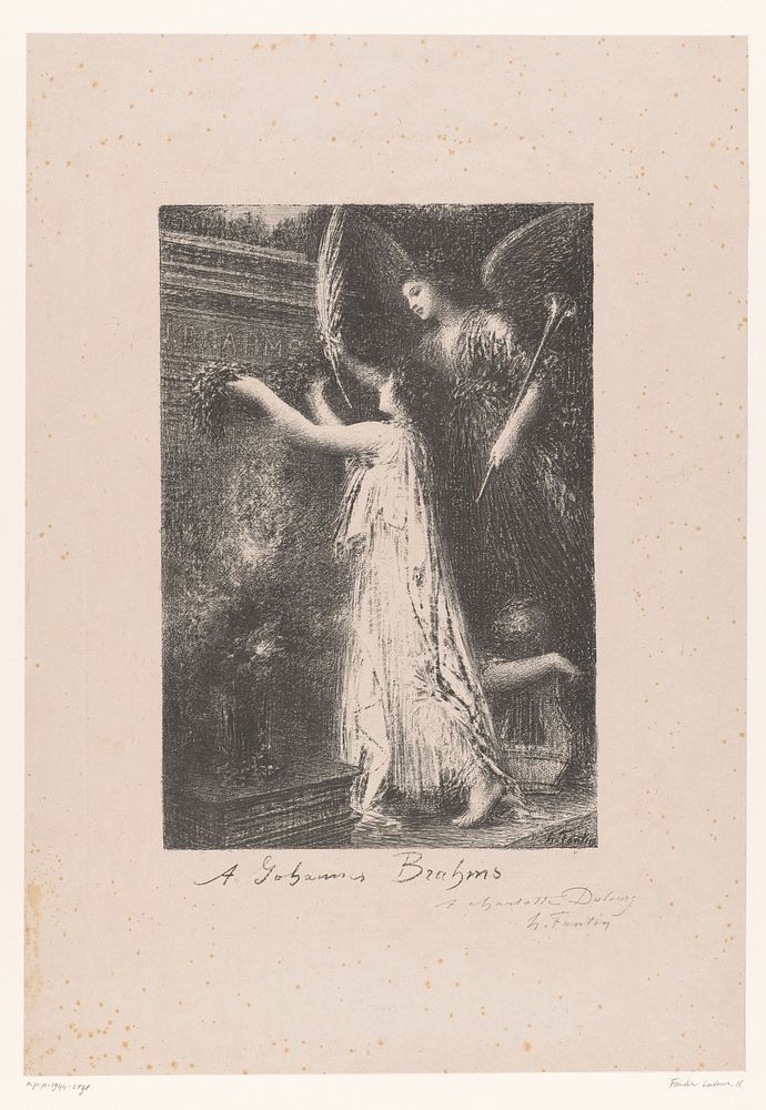 Engel en personificatie van de roem brengen erekrans bij graftombe van Johannes Brahms (1900) by Henri Fantin Latour and…
