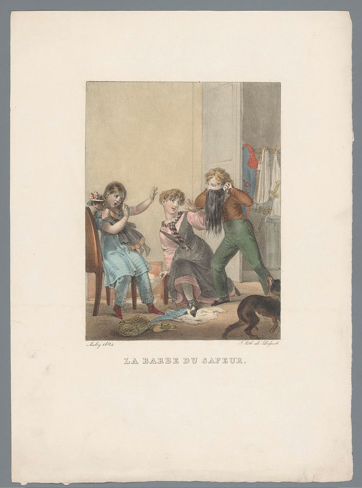 Jongen laat twee meisjes schrikken met een kunstbaard (1824) by Charles Aubry and François Séraphin Delpech
